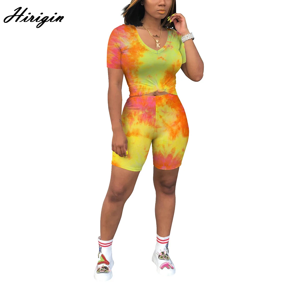 

Женский костюм из футболки с коротким рукавом и шортов, Модный пуловер с завязкой и облегающие брюки с высокой талией, женская повседневная ...