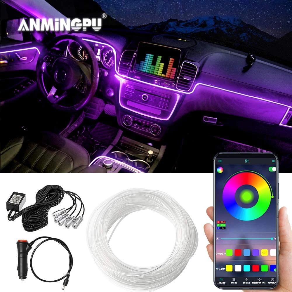 

ANMINGPU 5IN1 6M RGB Car Atmosphere Decorative Light with App Control RGB Car Interior Light LED Fiber Optic Strip Ambient Lamps