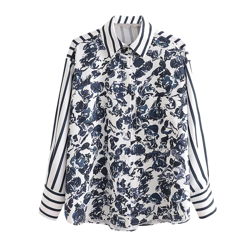 

Блузка женская с длинным рукавом, винтажный топ в полоску, Офисная Модная рубашка с цветочным принтом, S083