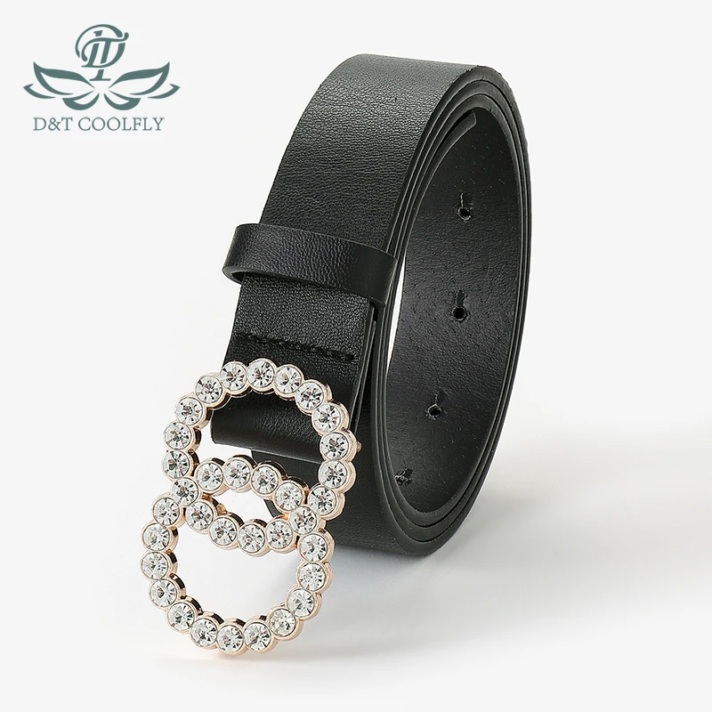 D&T 2021 New Fashion Belt Women Two Circle Diamond Decorate Buckle PU Leather Material Belt Female Casual Style Elegant Waist