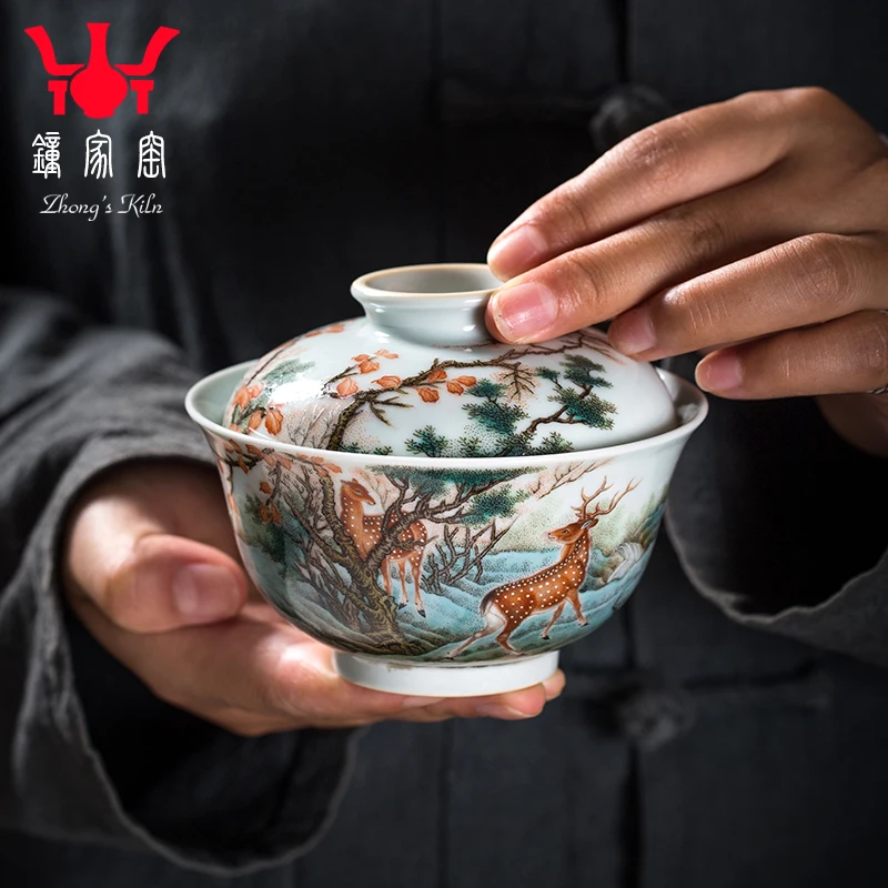 

Zhongjia kiln covered bowl Jingdezhen all handmade enamel tricai bowl tea cup single kungfu tea steeper