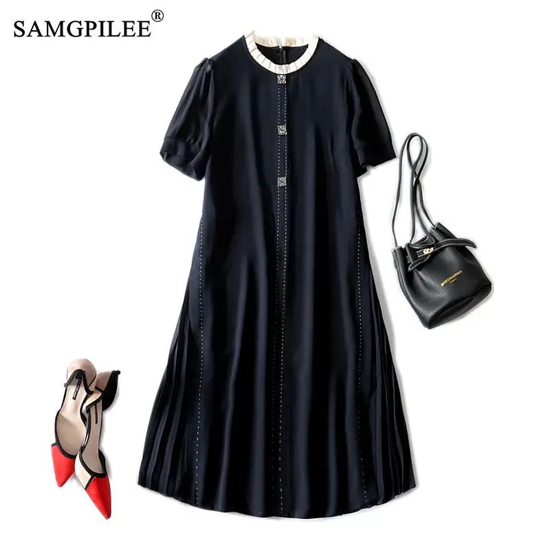 

Elegant Dresses For Women 2021 New A-line Solid Short Bright Line Decoration Side Pleated Stitching Drape Slim Black Dress Woman
