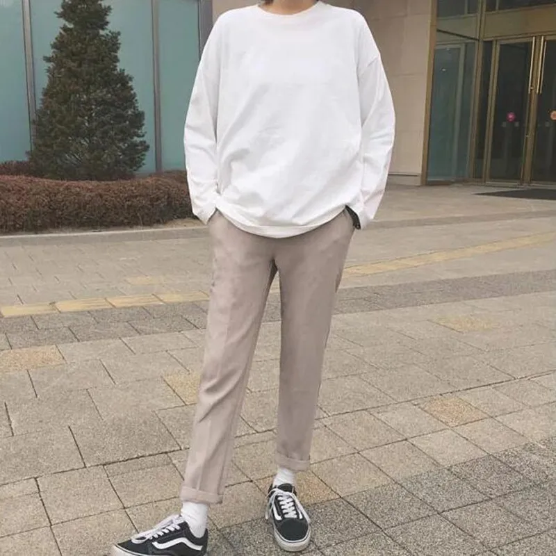 Женская свободная футболка с длинным рукавом повседневная Однотонная круглым