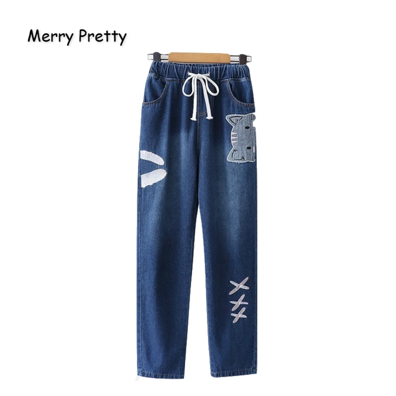 

Merry Pretty Women Jeans Pants Cartoon Cat Embroidery Pockets Denim Pants Elastic Waist Straight Drawstrin Jean Pants Mom Jeans