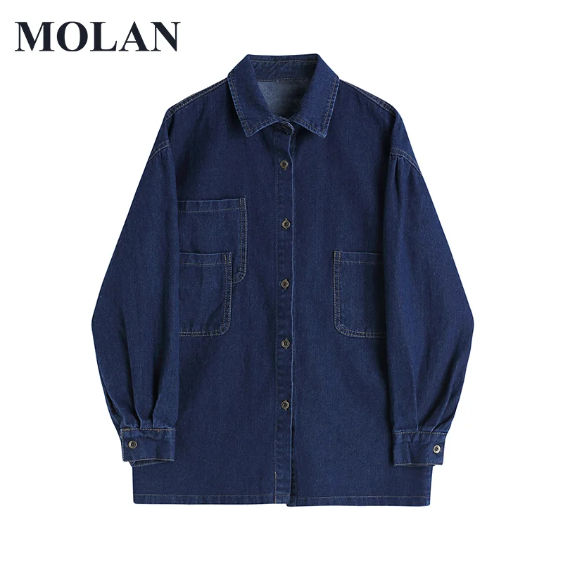 

MOLAN Woman Jean Jacket Oversize Singal Breasted Lapel Vintage Blue Casual Thick Denim Jacket Loose Pockets Female Denim Coat