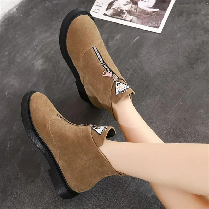 

LAIDILANGTU 2018 autumn and winter new high help plus velvet women's boots British wind flat women's shoes front zipper boots