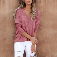 2021 autumn winter new women solid color wool fleece bat sleeve v neck t shirts ladies loose casual street pullover t shirt tops