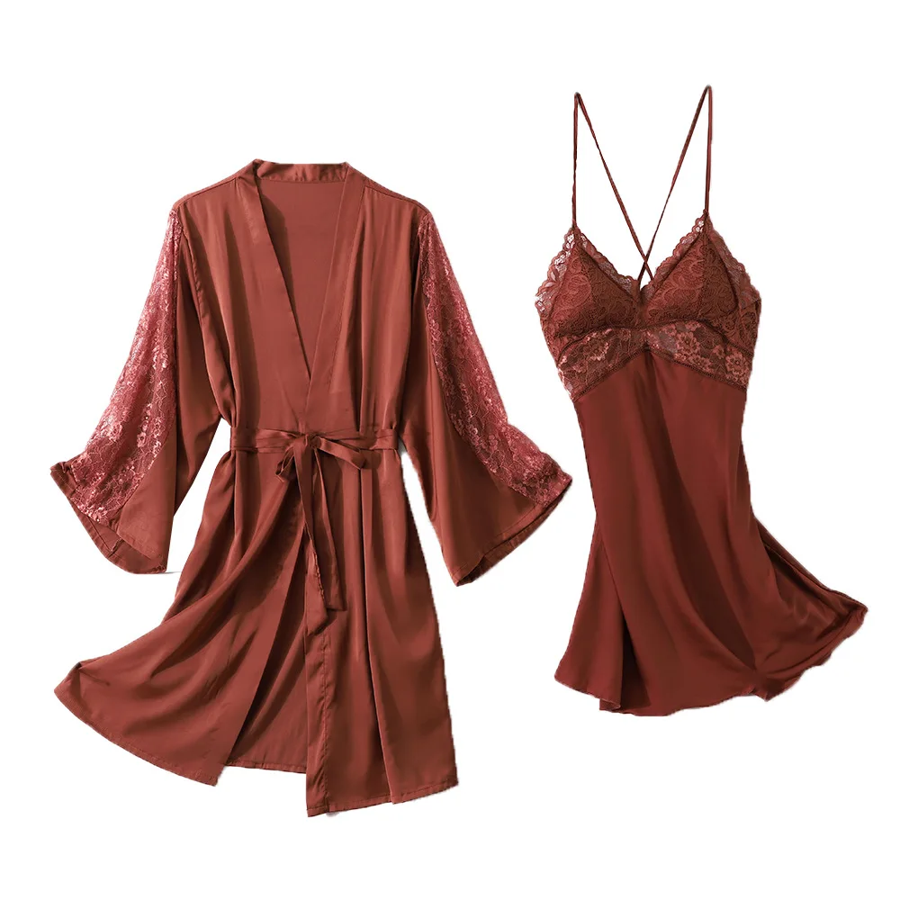 

Loose Satin Kimono Gown Homewear Summer Women Nightgown Sleepwear Sexy Hollow Out Patchwork Lace Sleep Set Wedding Robe Set