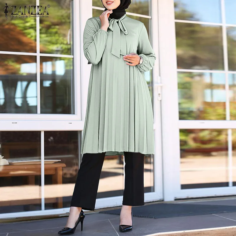 

Мусульманская рубашка, кафтан, ретро Блузы ZANZEA, женская модная туника с бантом на воротнике и длинным рукавом, топы 2021, блузка в складку, повс...