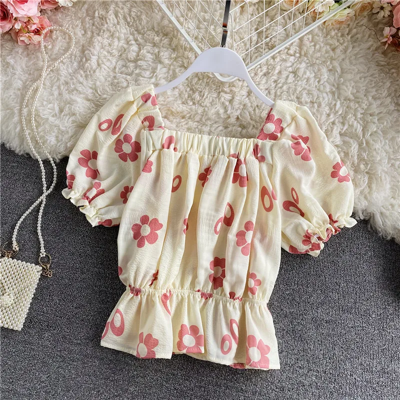 

Vintage Square Collar Tops Elegant blusas mujer de moda 2021 France Blue Floral Print short Flare Sleeve Women blouse