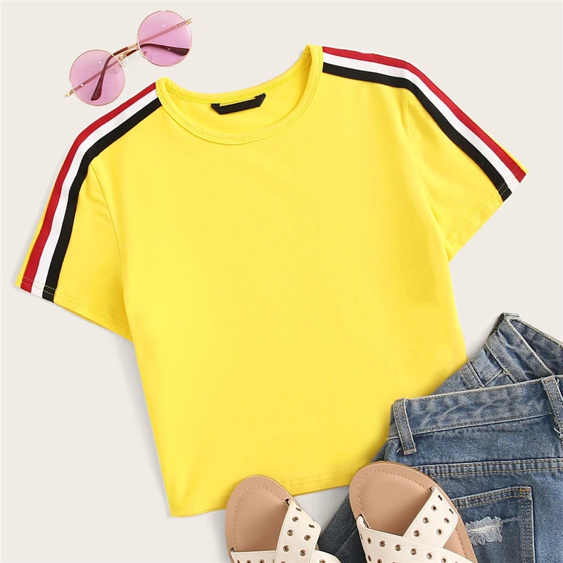 SweatyRocks топ в контрастную полоску, уличная одежда с коротким рукавом, женские футболки с боковой полосой, летние повседневные женские короткие футболки