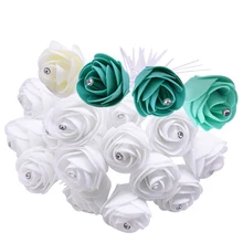 20pcs 5cm Head Crystal Foam Rose Artificial Flowers White Beige Teal Roses Wedding Floral Decoration for Home Decor DIY Bouquet