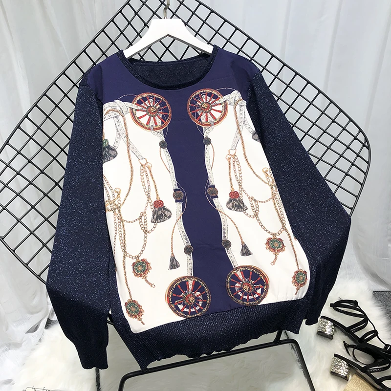 Женский тонкий свитер с принтом и длинными рукавами в европейском стиле весна 2019