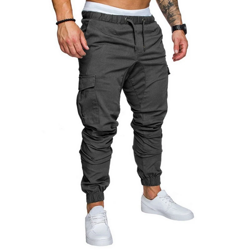 

2021 Spring Autumn Casual Men Pant Drawstring Elastic Waist Cargo Trouser Solid Sweatpant Side Pocket Men Pant