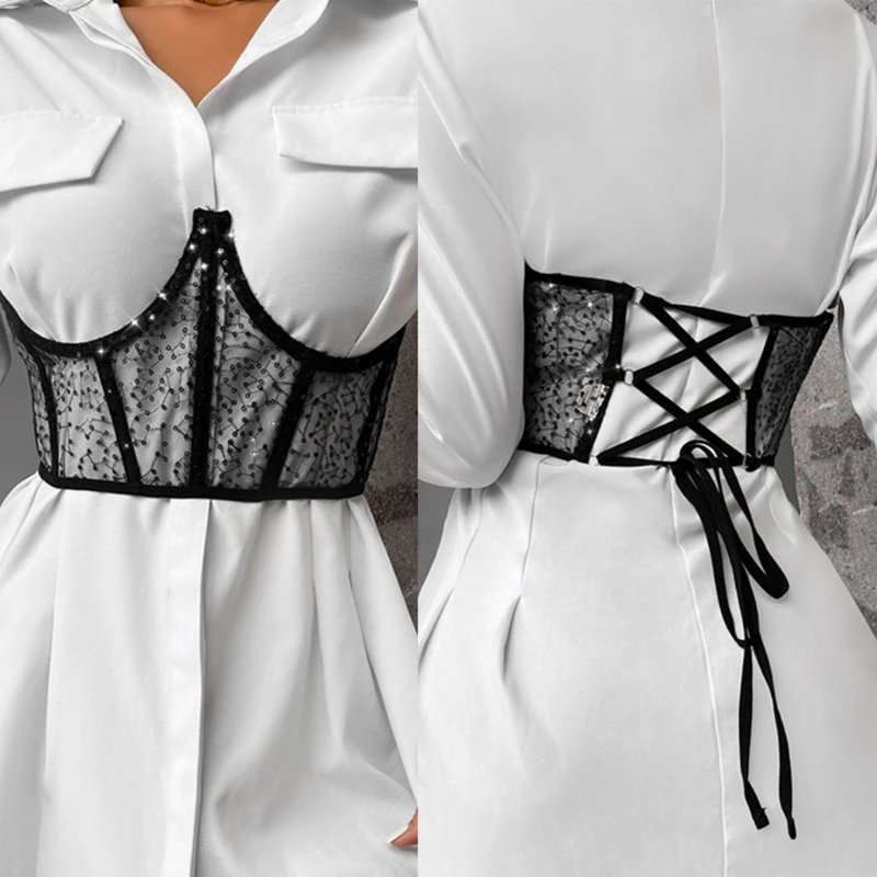 

2021 New Women Sexy Mesh Boned Overbust Corset Black Bustier Waist Cincher Bodyshaper Black Corset Tops For Women To Wear Out