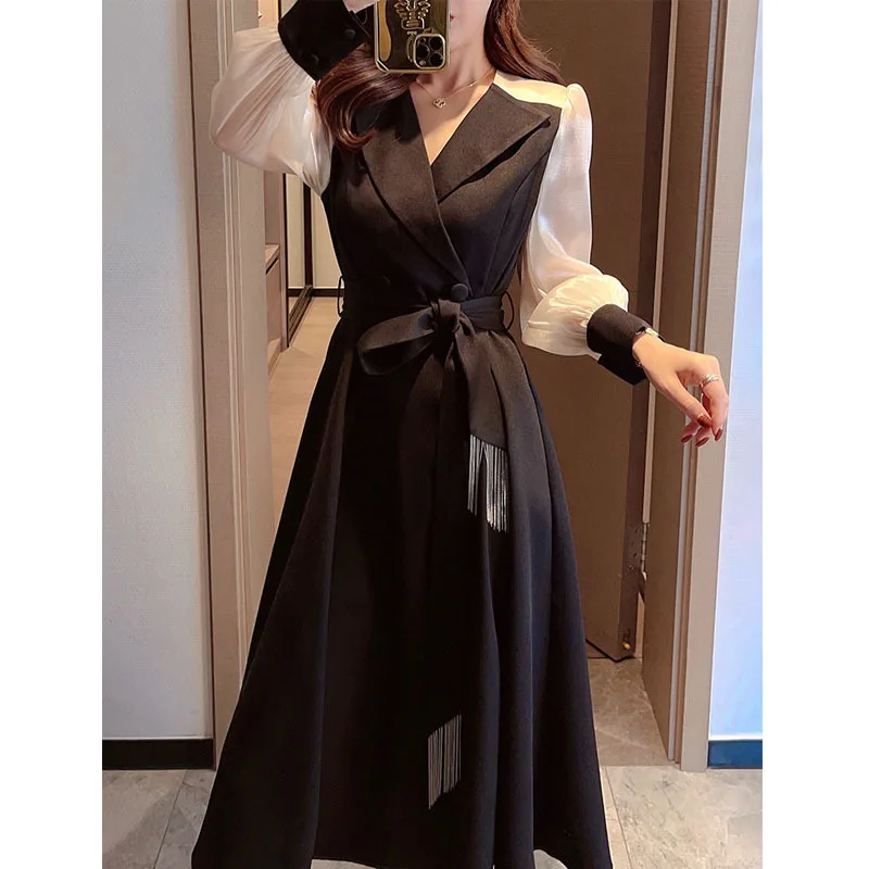 

Blazer Dress Women Streetweear Balck Long Blazer Dress with Belt Korean Fashion Style Long Sleeve Dress
