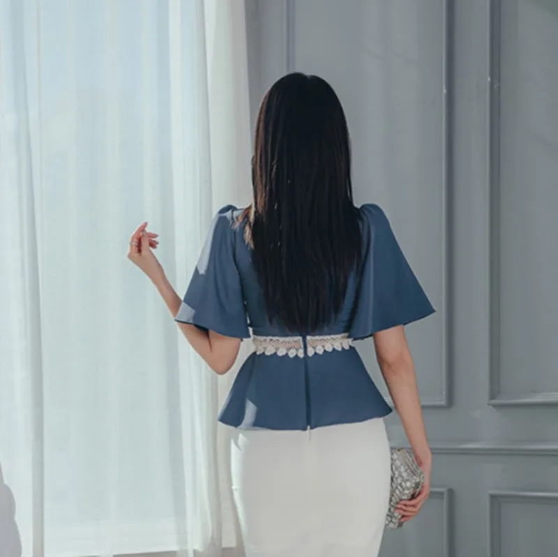 

Summer New 2020 Korean Women Elegant Lace Patchwork Slim Flare Sleeve Top Women's Fashion Hollowing Out Party Short Shirt