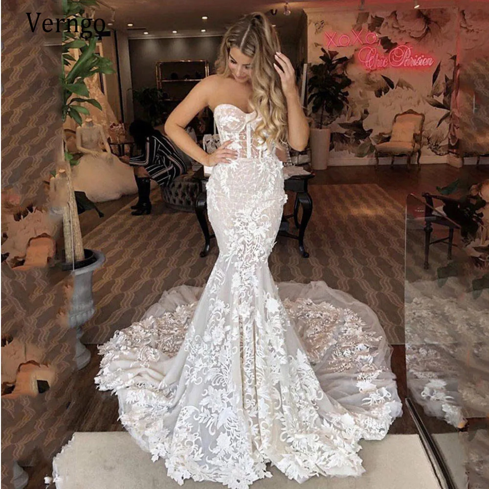 

Verngo Mermaid Wedding Dress Lace Floral Sweetheart Bride Dress Boho Wedding Gown Modern Longo Vestidos de novia