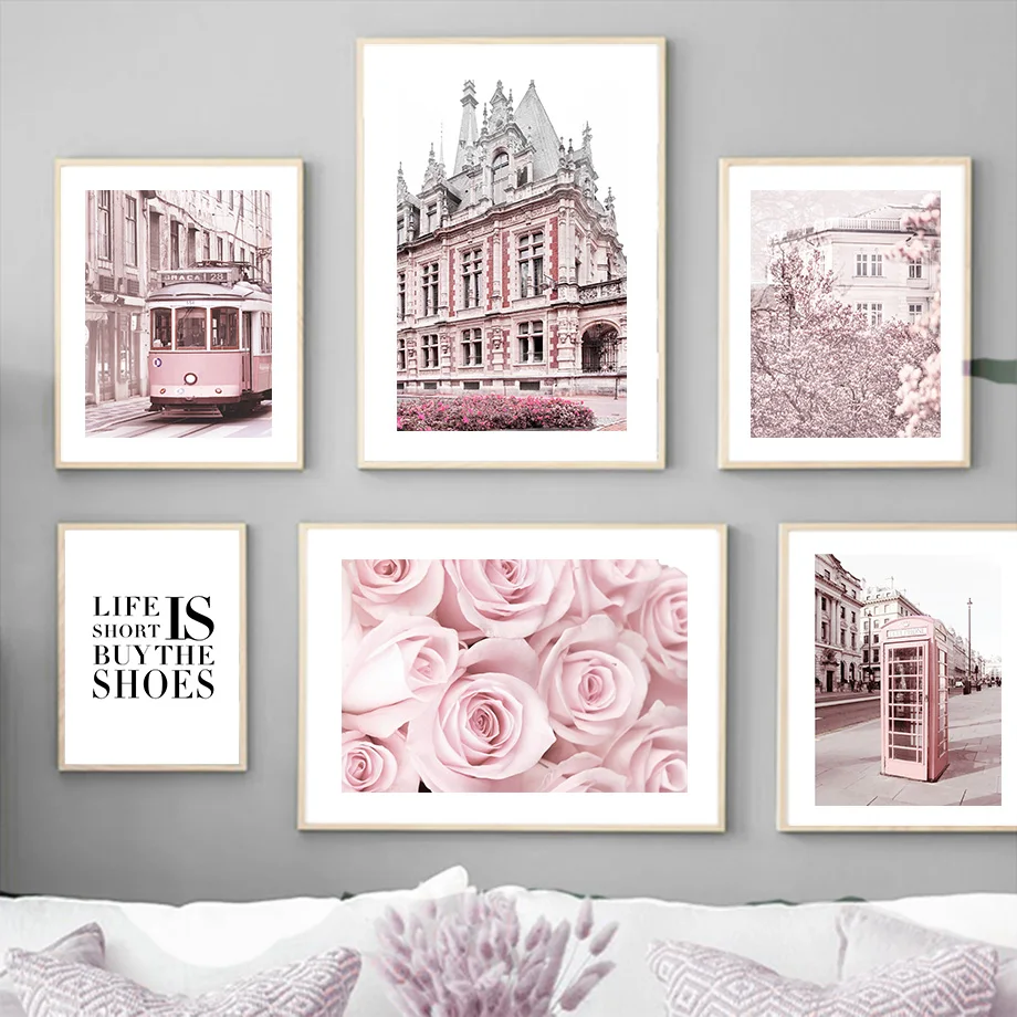 

Pink Paris Flowers Car Phone Booth Osaka Wall Art Canvas Painting Nordic Poster And Prints Wall Pictures For Living Room Decor