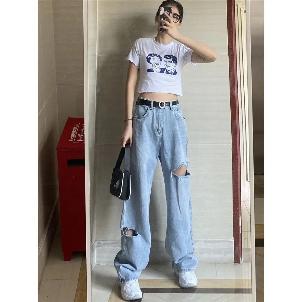 

Large size summer holed high waist jeans women's Korean loose straight pants fat sister looks thin and versatile wide leg pants