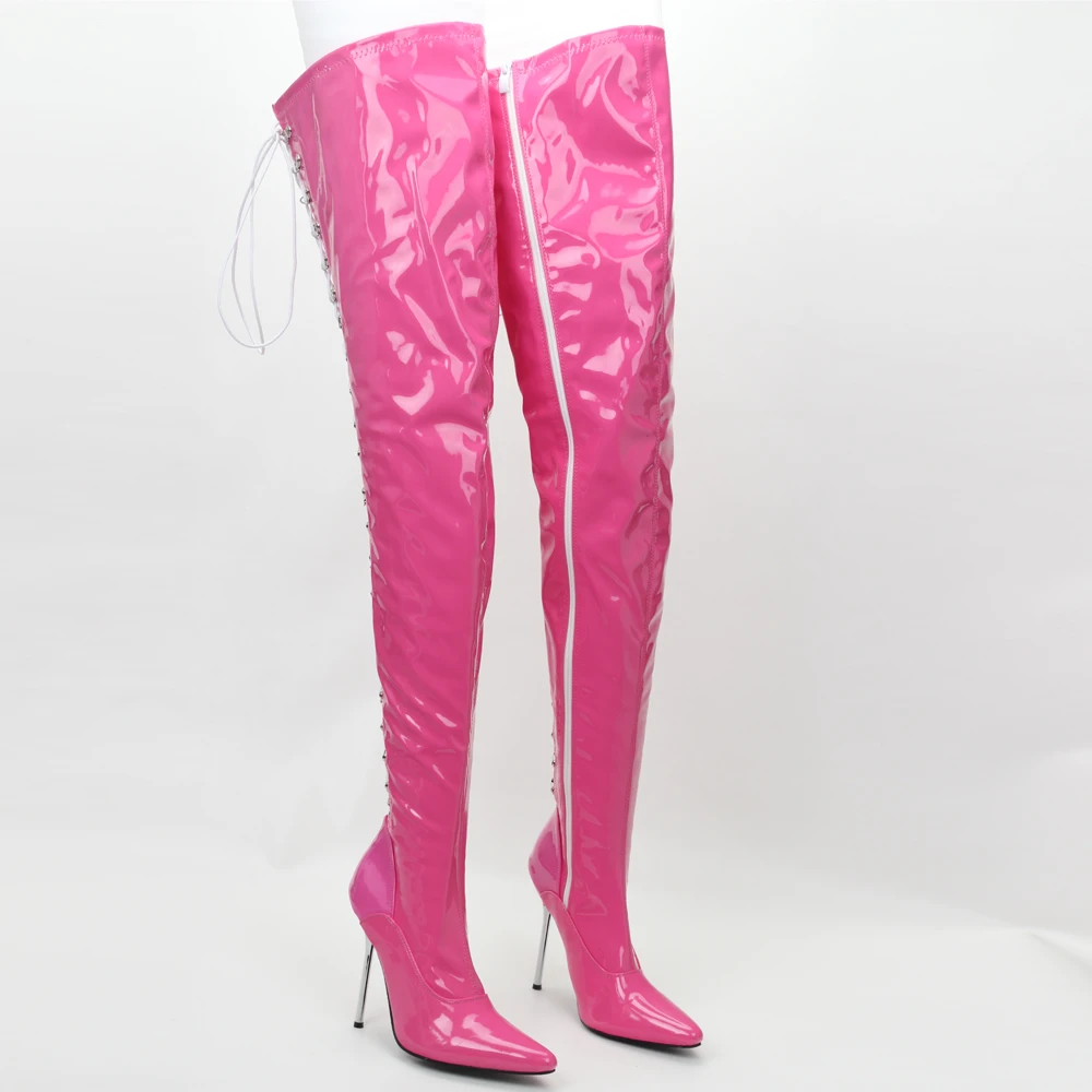 Women Over the Knee Boots 12CM High Heel Pointed toe Metal Thin Heels Zip Sexy Cross-tied Thigh Long Boots