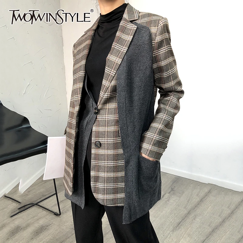 Женский вязаный Блейзер TWOTWINSTYLE осенне зимний Асимметричный блейзер в клетку с