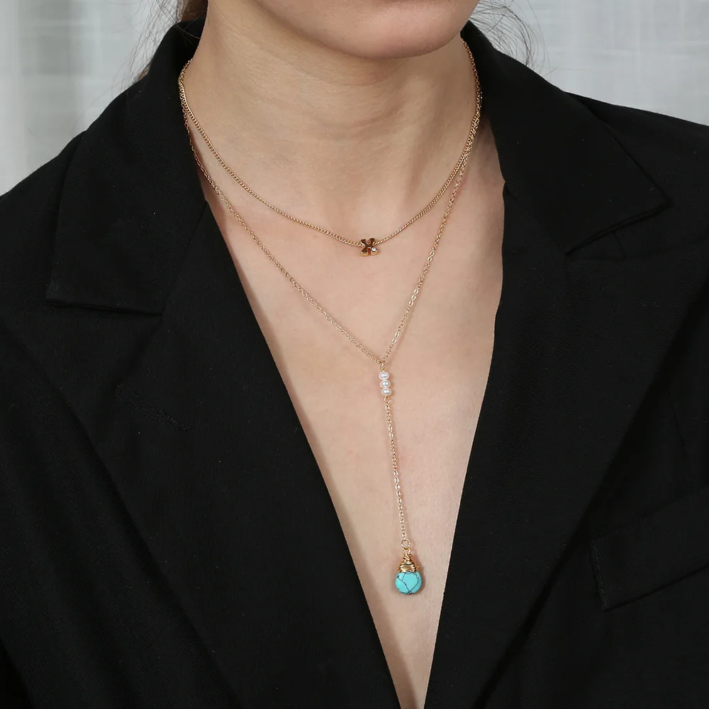 

Цепочка с подвеской в виде капли воды, двухслойная цепочка с натуральной Бирюзой, простое модное ожерелье с буквой X с бриллиантами