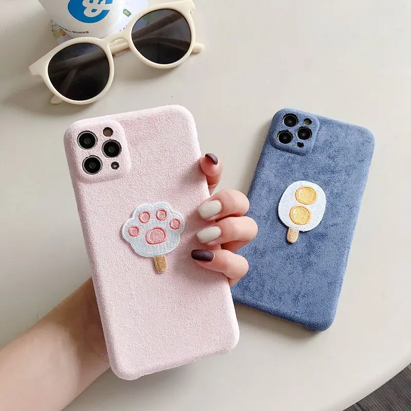 

Embroidered Plush phone case for iphone 11 Pro 7 8 plus X XR MAX Cute cat paws and egg Cover for Apple Iphone 11 Pro Max cover