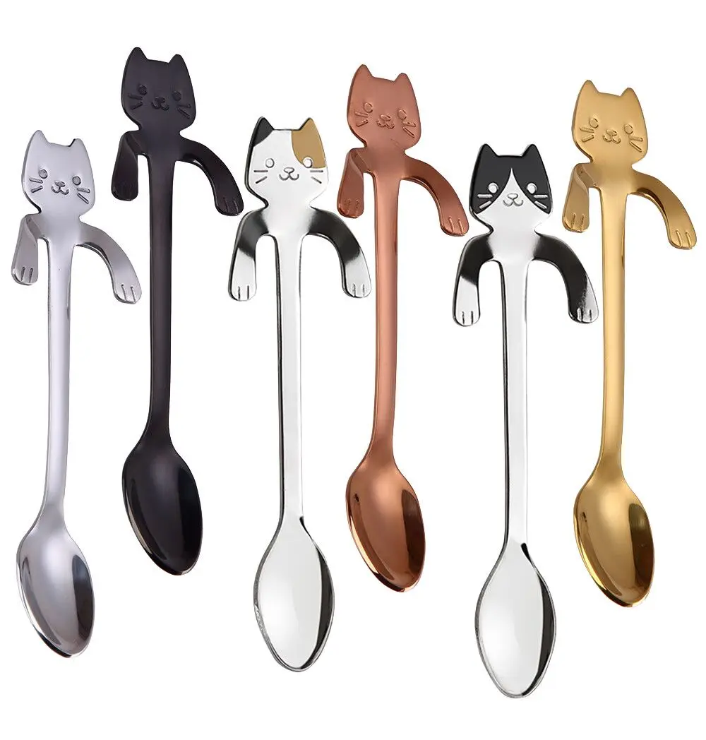 New Arrival Mini 304 Stainless Steel Cartoon Cat Spoon Long Handle Flatware Coffee Drinking Tools Kitchen Gadget | Дом и сад