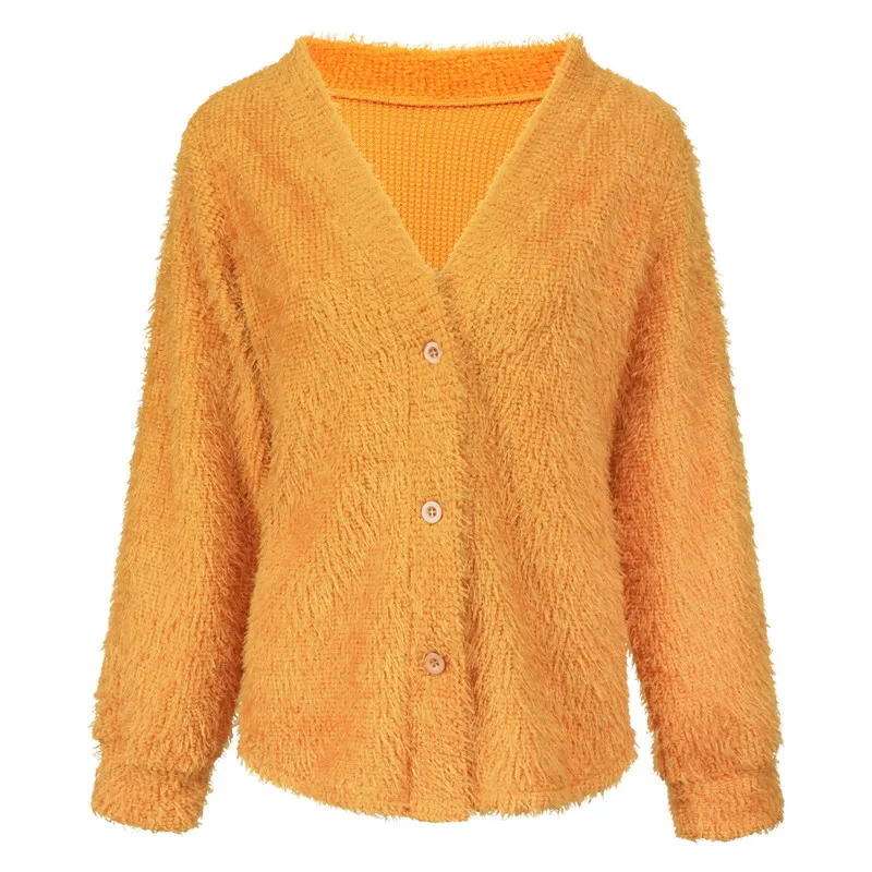 

Casual Plush Sweater Ladies Winter Long-sleeved V-neck Sweater Top Loose Yellow Knitted Sweater Women's Clothing Streetwear