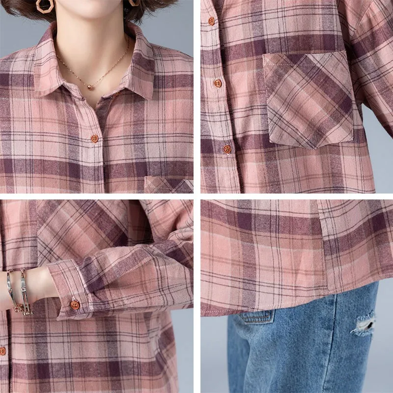 

Plus Size Women Vintage Plaid Cotton Shirts New 2020 Autumn Korean Simple Style Turn-down Collar Loose Female Casual Tops S2615