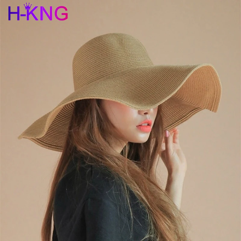 

Summer Solid Color Straw Hat Women Big Wide Along The Beach Hat Sun Hat Simple Foldable Sunscreen UV Resistant Panama Hat