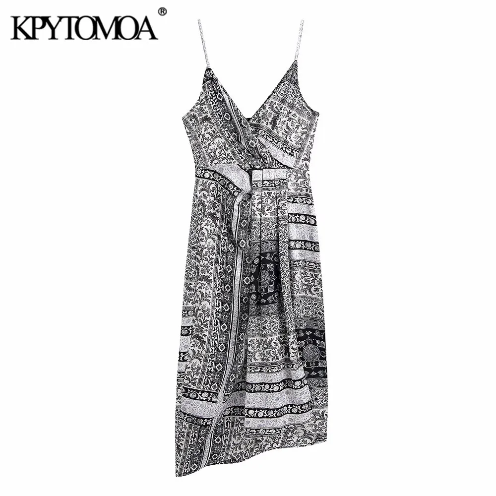 

KPYTOMOA Women 2021 Fashion Totem Printed Asymmetric Slit Midi Dress Vintage Backless Zipper Thin Straps Female Dresses Vestidos