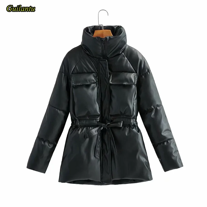 

Guilantu/зимняя кожаная куртка для женщин, плотное Стеганое пальто оверсайз, Женская Байкерская байкерская куртка на молнии, длинные парки с во...