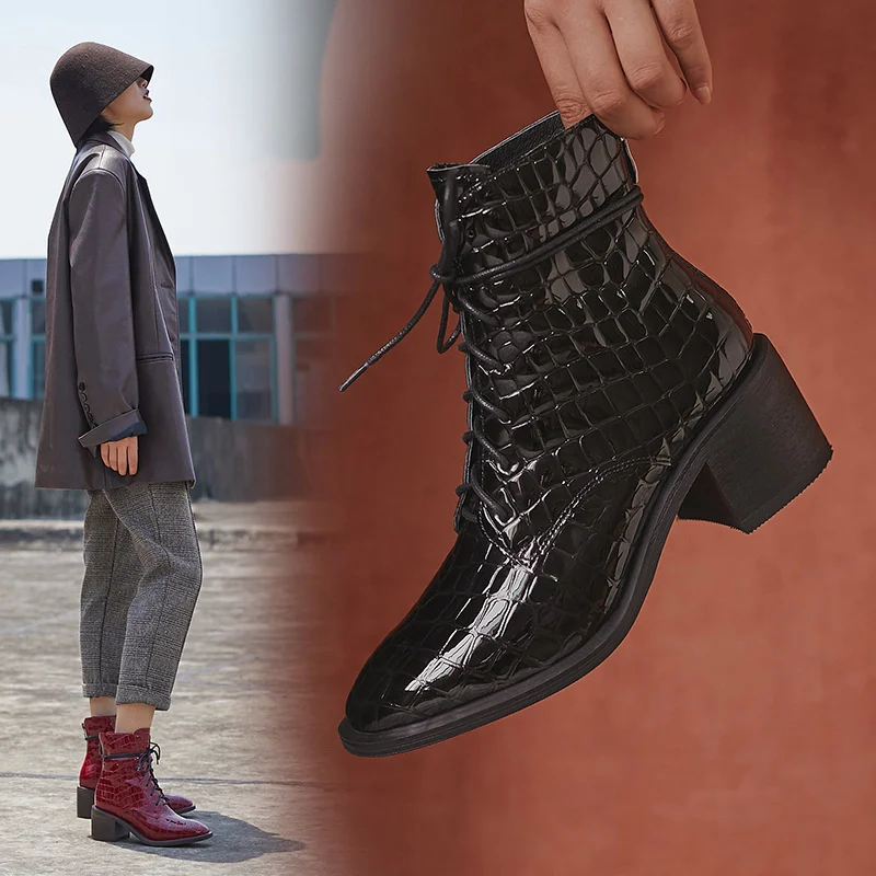 

Burgundy patent leather short boots women's thick heel lace up boots autumn and winter Plush women's boots black single