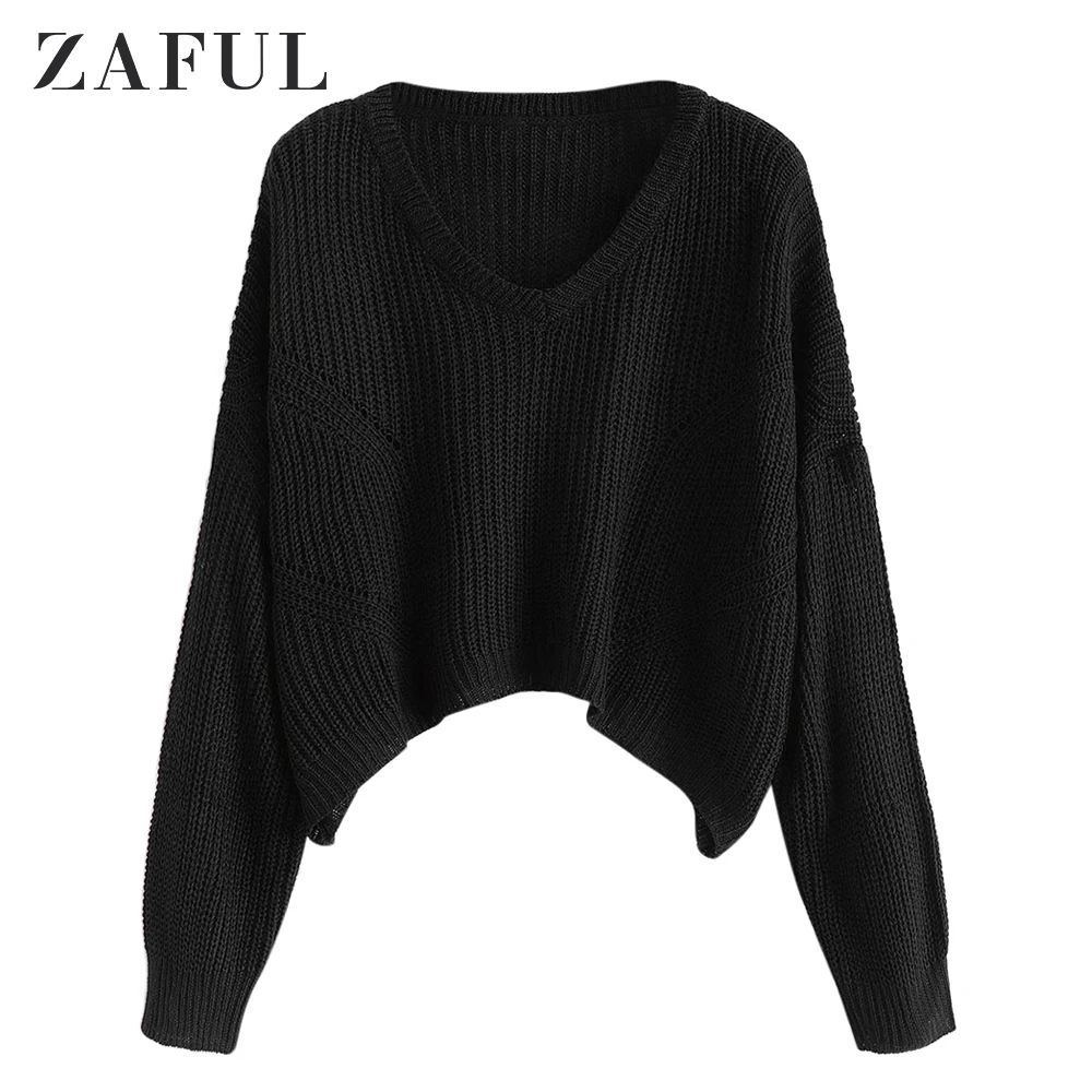 Короткий свободный свитер ZAFUL с v-образным вырезом и спущенными плечами