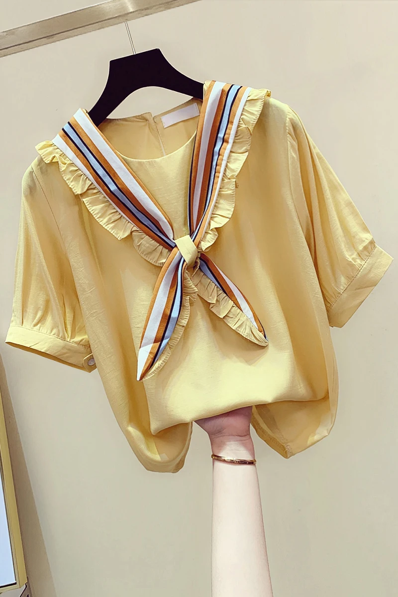 

Lace-up Bow Stringy Selvedge Short Sleeve Shirt Women's Top 2021 Spring and Summer Korean Style Loose-Fitting Blouse Tide Tops