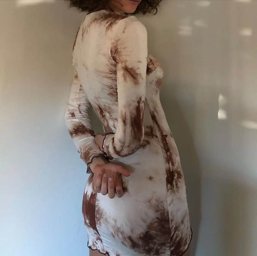 

New Style Autumn Hot Selling Tie-Dye Long-Sleeved Dress Slim-Fit round Neck Bottom Polyester Office Lady Pencil Print Mini