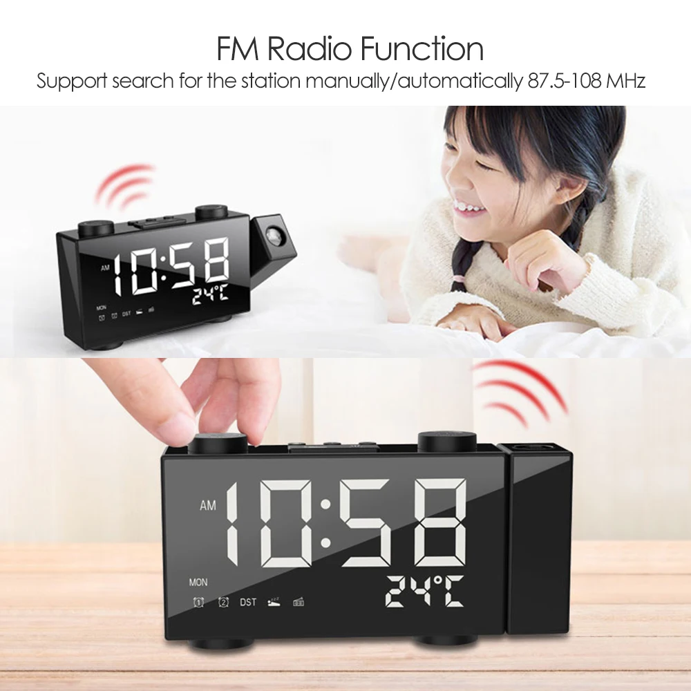 Digital Alarm Clock Projection AM FM Radio 4 Brightness Adjustment USB Dual with Snooze Function | Дом и сад