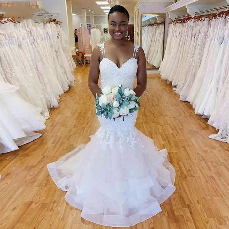 

Romantic New Organza Mermaid Wedding Dress Spaghetti Straps Lace Applique Tiered Skirts Trumpet Wedding Gowns Custom Made