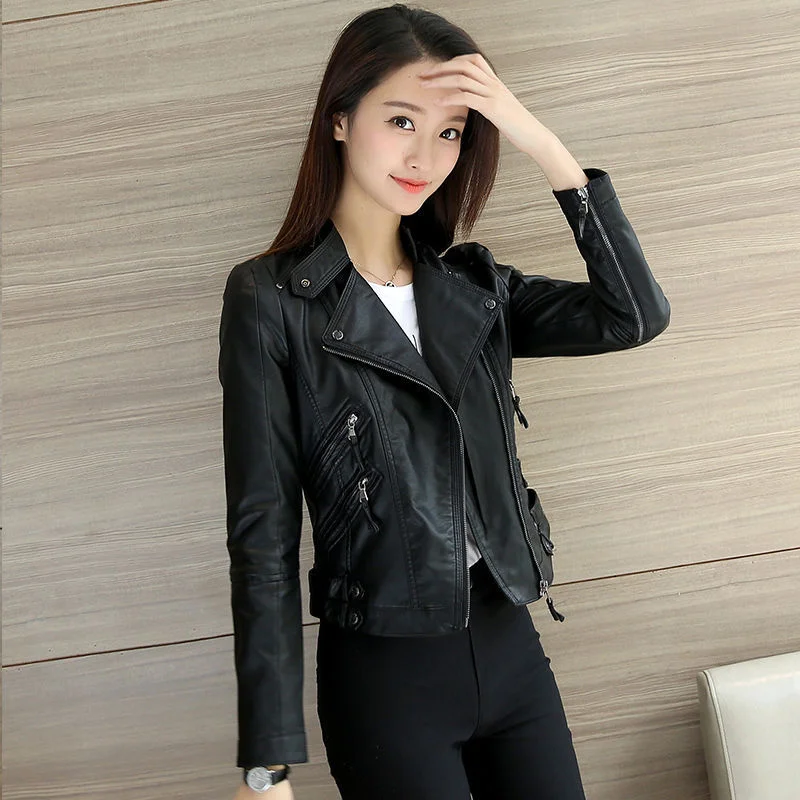 Quality leather women's short wash PU leather jacket 2021 spring and autumn long sleeve slim fitting motorcycle enlarge