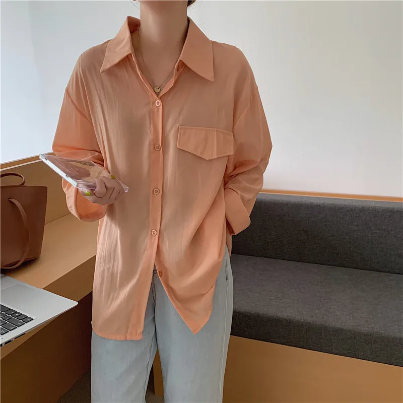 

Alien Kitty 2021 New Summer Elegance Long Sleeves Hot Tops Loose Breasted Chic All Match Lady Shirts Fashion Solid Pockets