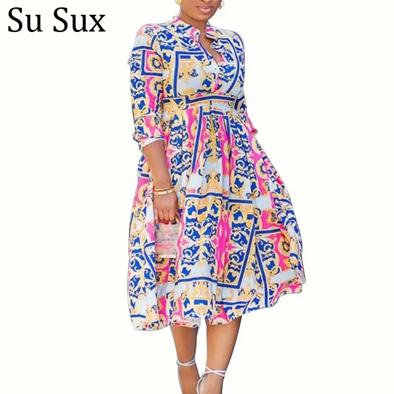 Женское винтажное платье макси, длинное платье с воротником-стойкой, с высокой талией, в африканском стиле, весна размера плюс