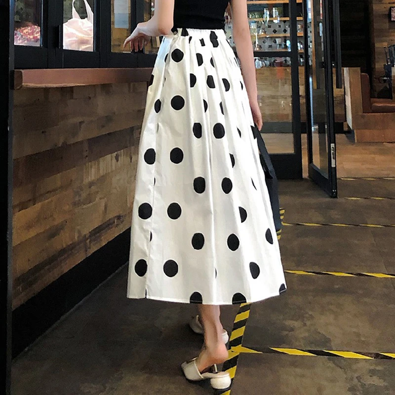 

Polka Dot White Long Skirt Summer Women Fashion Patchwork Pleated Maxi Skirt Woman Sweet High Waist A Line Korean Skirts Faldas