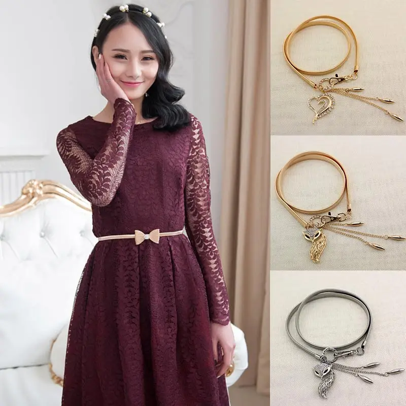

New Thin Belts 1PC Waistband Belts For Dresses Flower Golden Leaves Metal Buckle Belt Female Elastic Waist Chain For Women