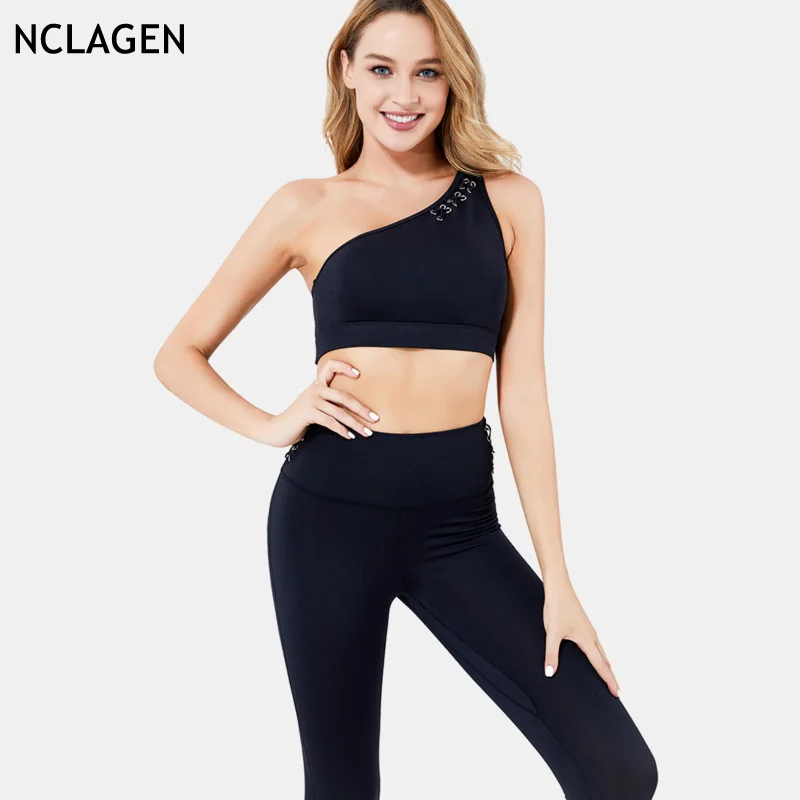 

NCLAGEN Autumn And Winter Crossbody Women Traps Hollow-out Sexy Sports Fitness Yoga High-elastic Training Crop Top Two-piece Set