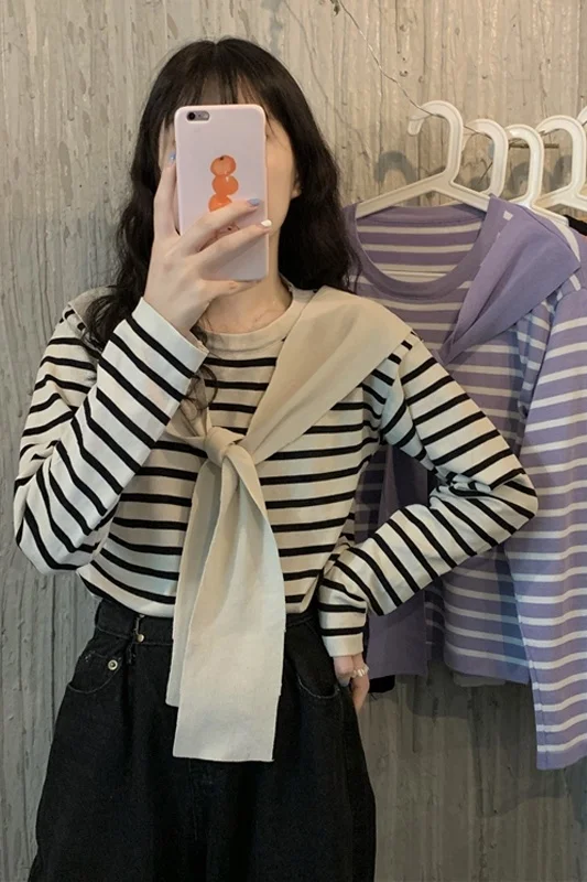 Осенняя футболка в Корейском стиле новинка 2021 просторный пуловер из двух частей