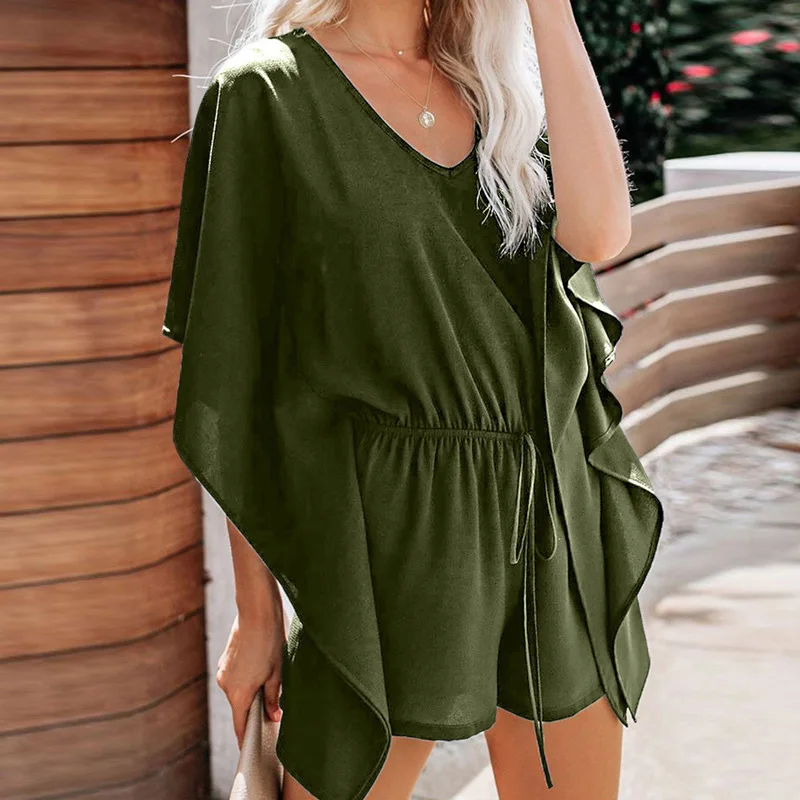 

V-Neck High Waist Short Sleeve Casual Romper Lace Up Loose Bodycon Sexy Playsuit Solid Color Women Jumpsuit