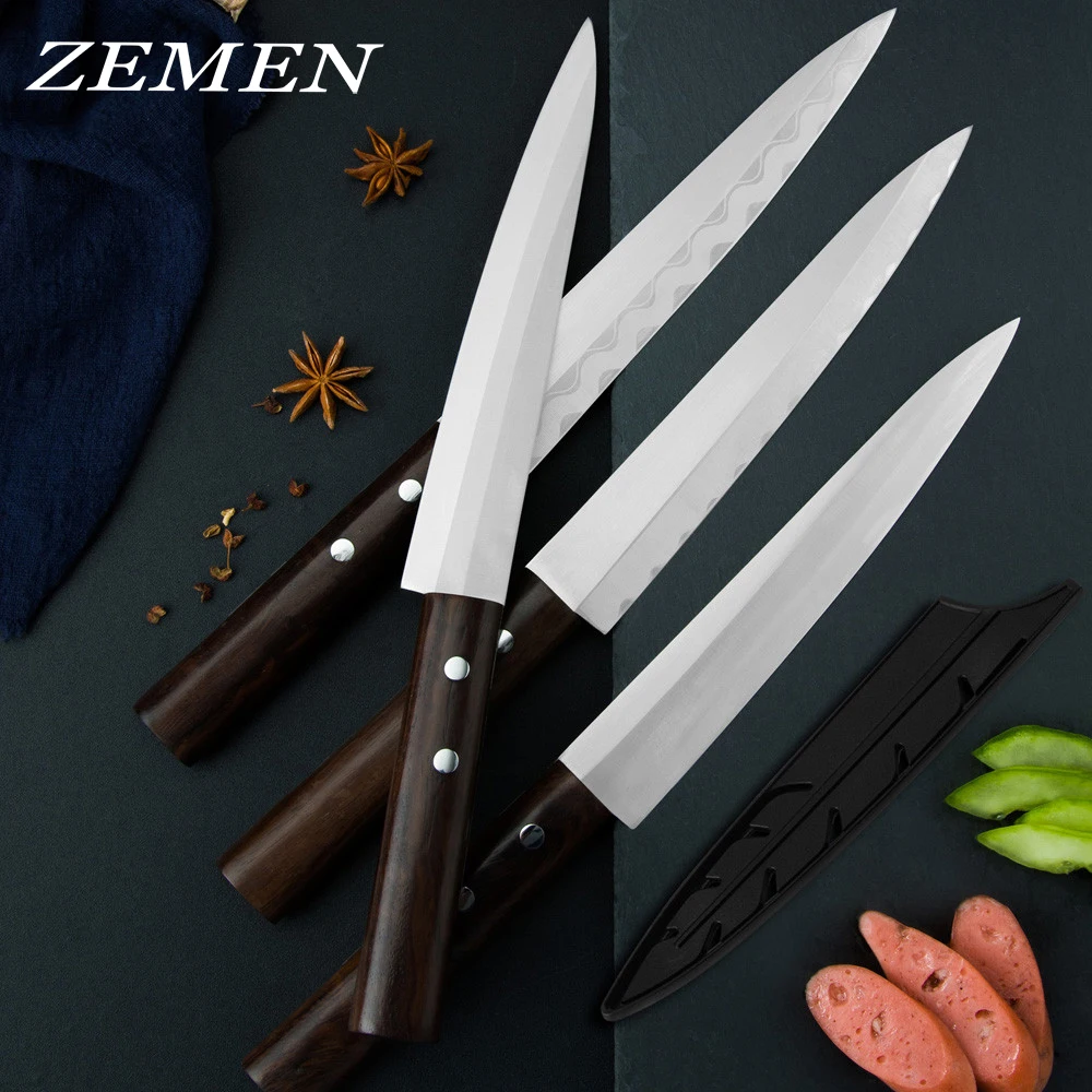 

Кухонный нож ZEMEN шеф-повара, ножи для суши, филе лосося, Кливер, японский кухонный инструмент из нержавеющей стали, пакеты для хранения рыбы и...