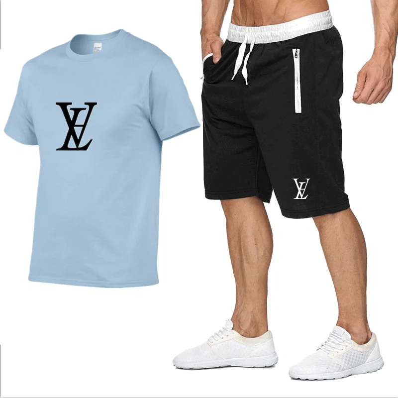 

New summer men's suit cotton top + beach pants two-piece outdoor running sports men's inch shirt fashion T-shirts